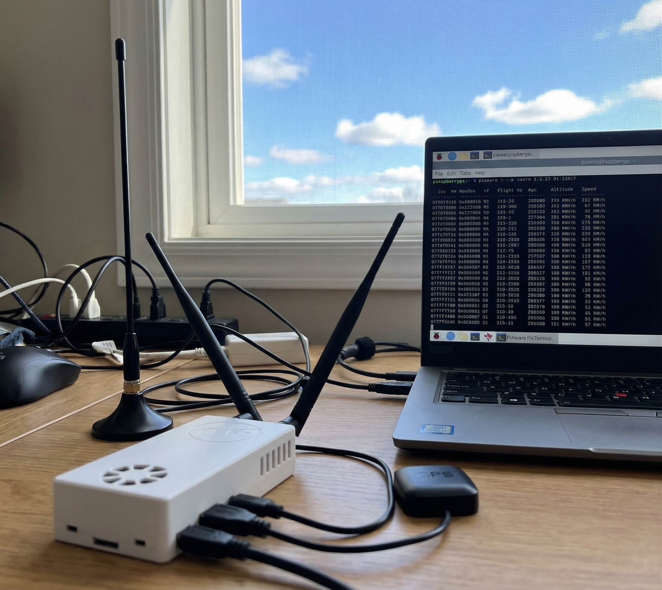 PiAware FlightAware ground receiver with Raspberry Pi, ADS-B antenna and GPS puck on desk with terminal output