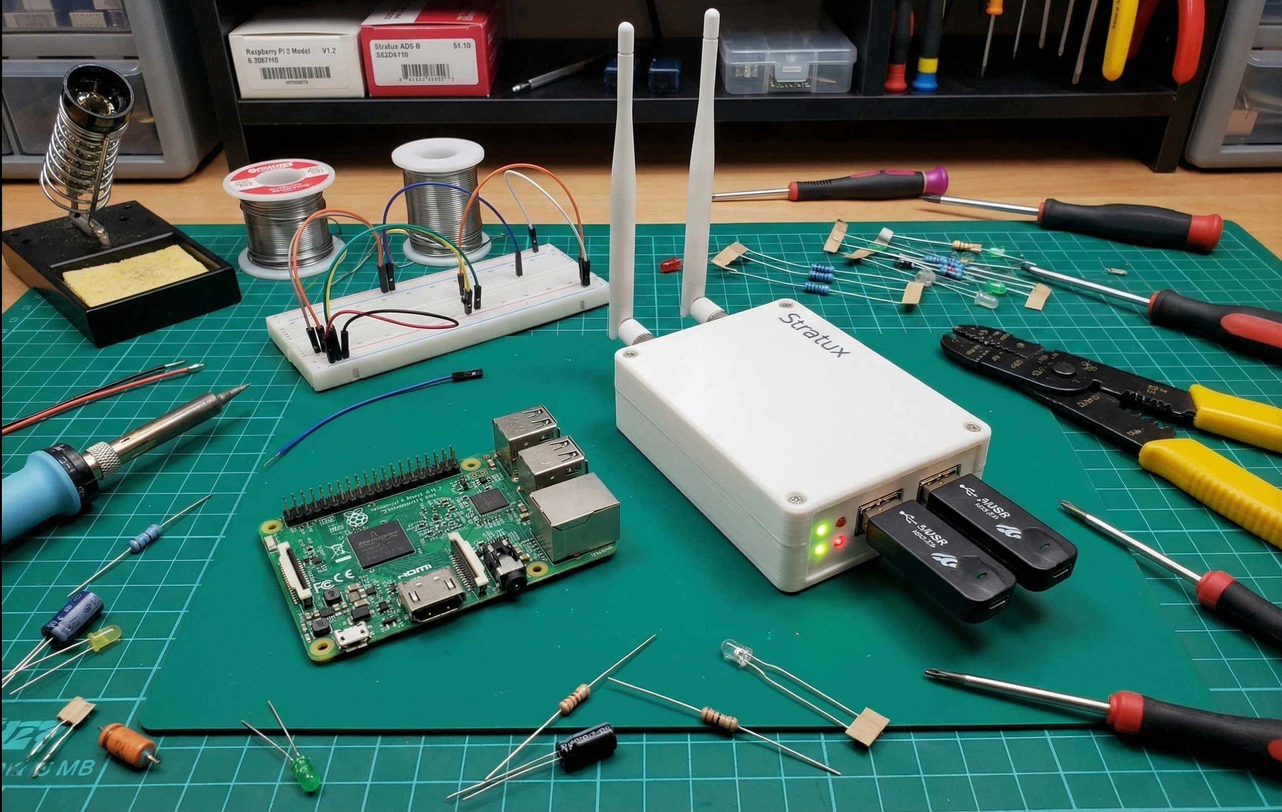 Raspberry Pi board beside completed Stratux ADS-B build on DIY electronics workbench