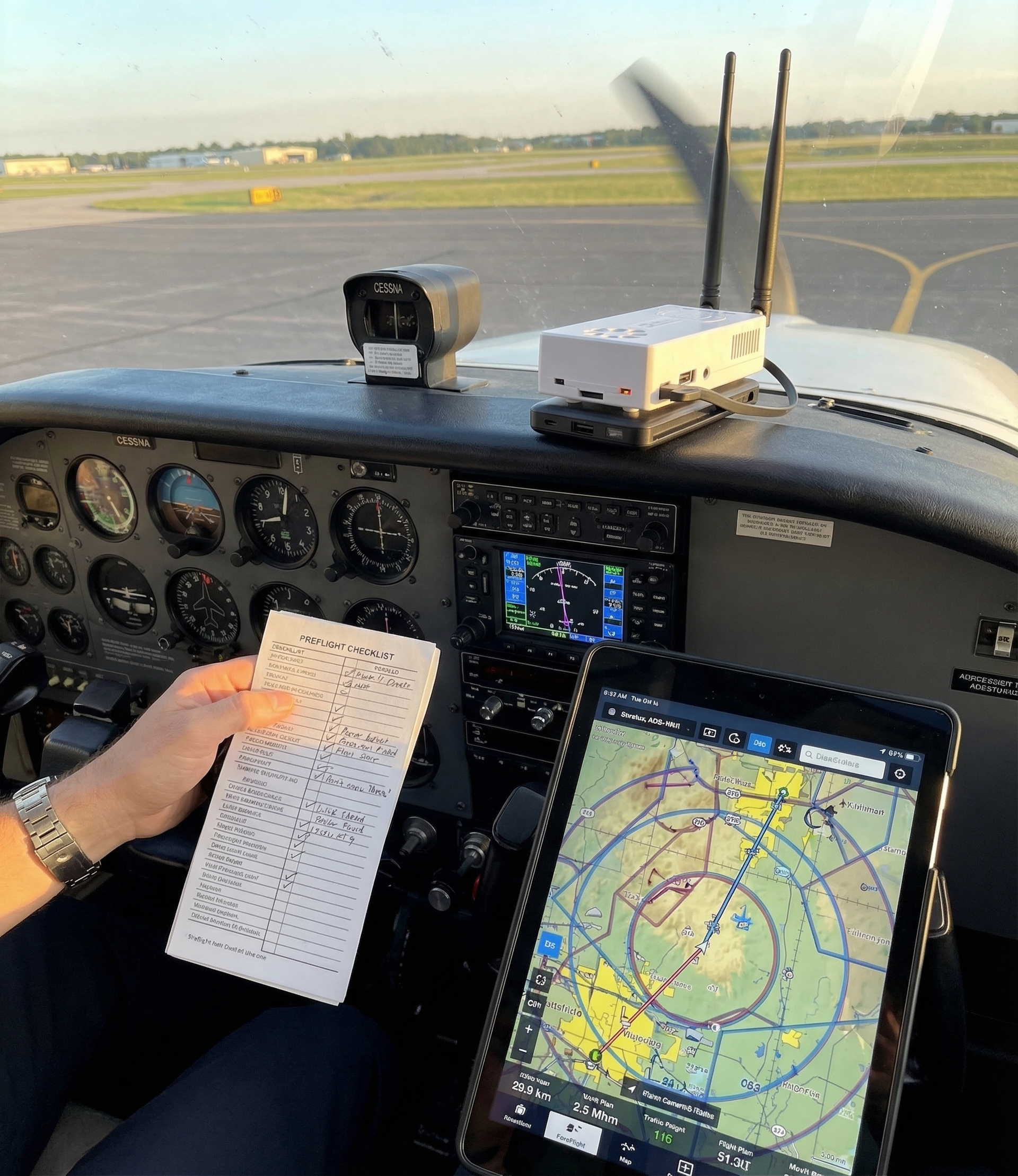 White Stratux ADS-B receiver on aircraft glareshield with preflight checklist and ForeFlight iPad
