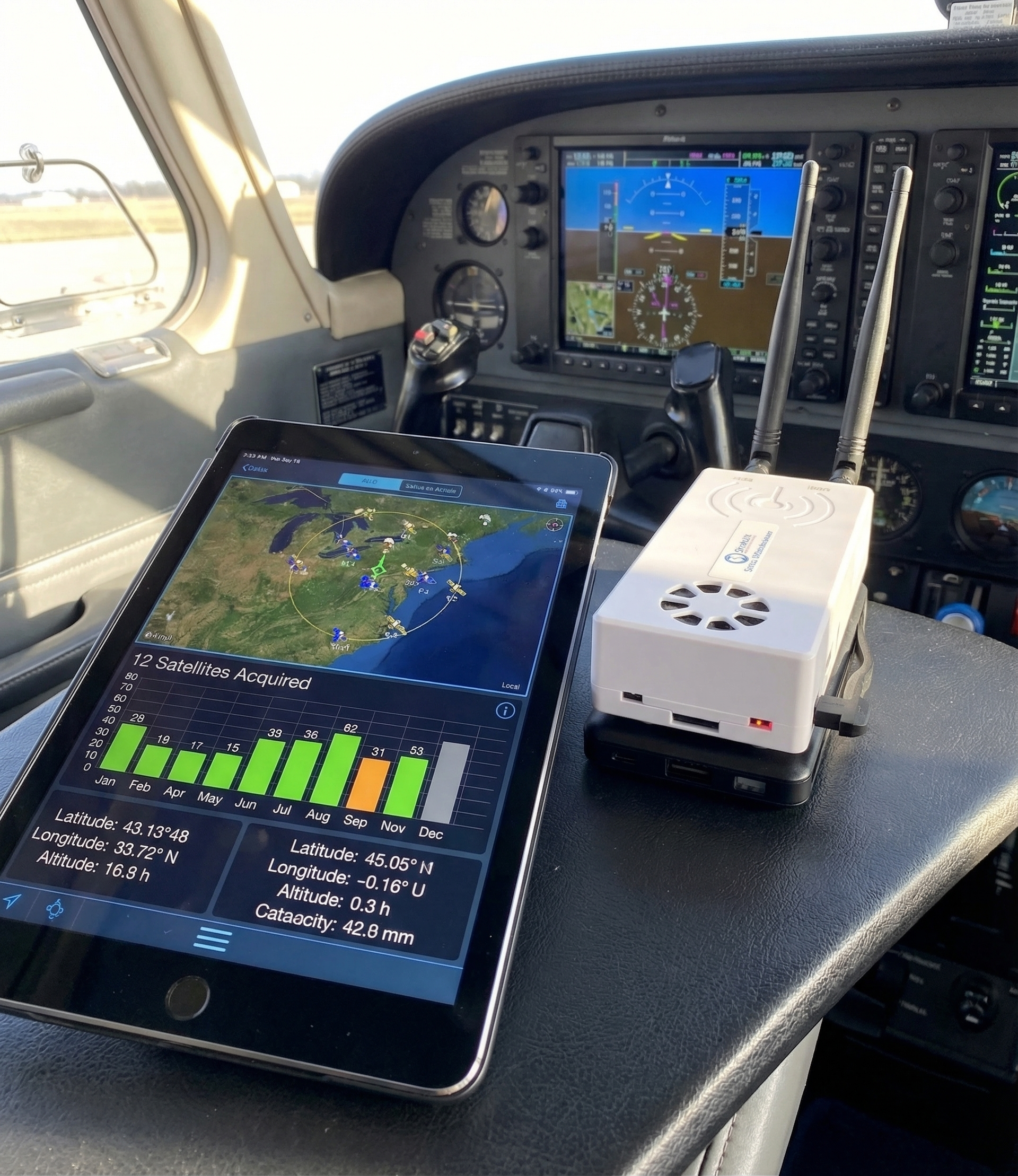 White Stratux ADS-B receiver on aircraft instrument panel with iPad showing GPS satellite status